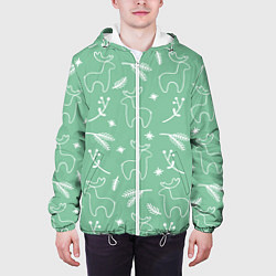 Куртка с капюшоном мужская Зеленый рождественский узор с оленями, цвет: 3D-белый — фото 2