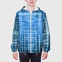 Куртка с капюшоном мужская Синие неоновые полосы киберпанк, цвет: 3D-белый — фото 2