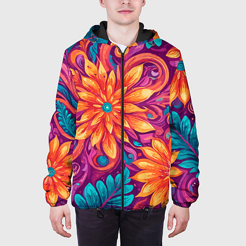Мужская куртка Цветы и листья узор / 3D-Черный – фото 3