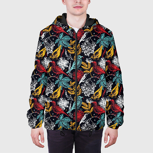 Мужская куртка Разноцветные лесные птицы / 3D-Черный – фото 3