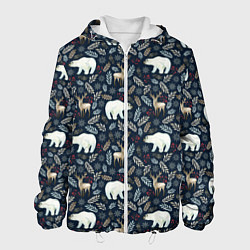Куртка с капюшоном мужская Акварельные медведи и олени, цвет: 3D-белый