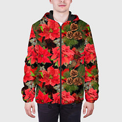 Куртка с капюшоном мужская Новогодний узор из пуансетии и еловых шишек, цвет: 3D-черный — фото 2