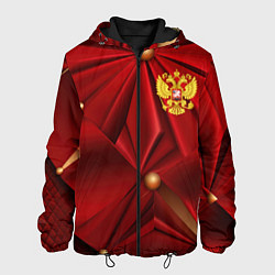 Куртка с капюшоном мужская Золотой герб России на красной абстракции, цвет: 3D-черный