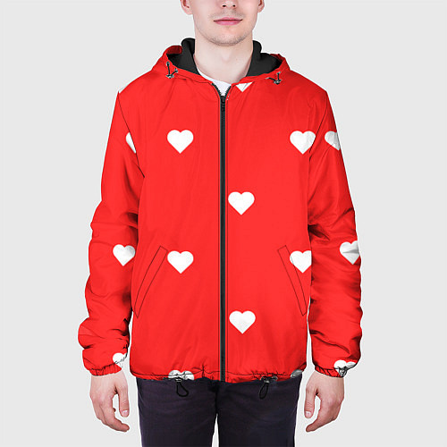 Мужская куртка Белые сердца на красном фоне / 3D-Черный – фото 3