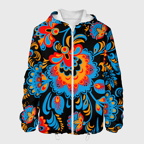 Мужская куртка Хохломская роспись разноцветные цветы на чёроном ф / 3D-Белый – фото 1