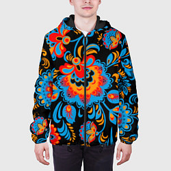 Куртка с капюшоном мужская Хохломская роспись разноцветные цветы на чёроном ф, цвет: 3D-черный — фото 2