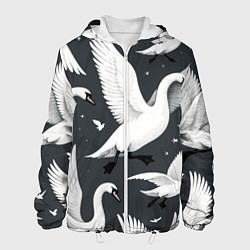 Куртка с капюшоном мужская Стая белых лебедей летящих в небе, цвет: 3D-белый