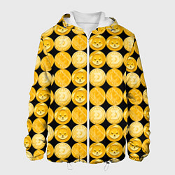Куртка с капюшоном мужская Золотые монеты Биткоин, Доджкоин, Шиба ину паттерн, цвет: 3D-белый