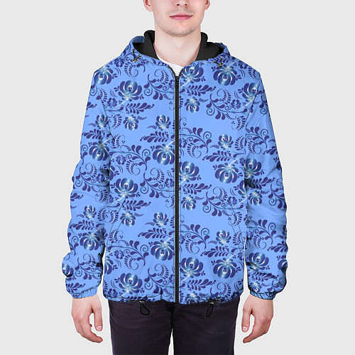 Мужская куртка Узоры гжель на голубом фоне / 3D-Черный – фото 3