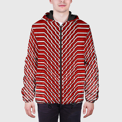 Мужская куртка Белые линии на красном фоне / 3D-Черный – фото 3