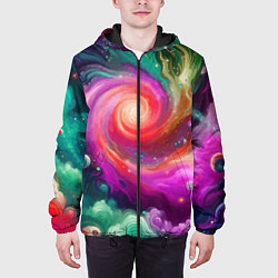 Куртка с капюшоном мужская Космическая неоновая фантазия - нейросеть, цвет: 3D-черный — фото 2