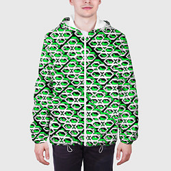 Куртка с капюшоном мужская Зелёно-белый узор на чёрном фоне, цвет: 3D-белый — фото 2