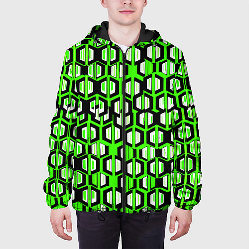 Мужская куртка Техно узор из шестиугольников зелёный / 3D-Черный – фото 3