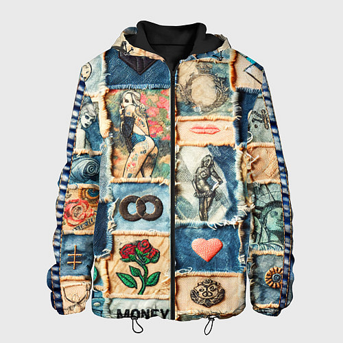 Мужская куртка Баксы и девушки на дениме - пэчворк / 3D-Черный – фото 1