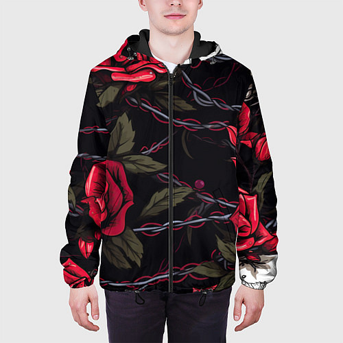 Мужская куртка Череп и красные розы / 3D-Черный – фото 3