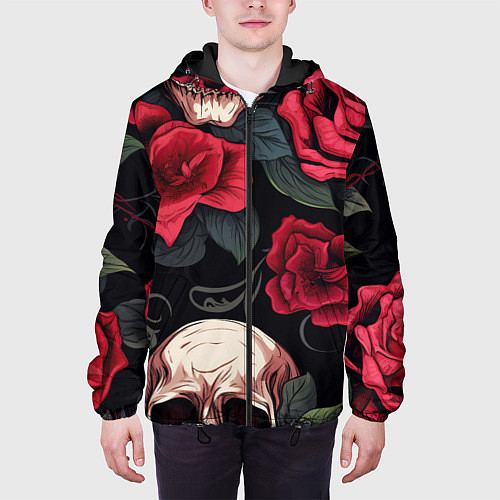 Мужская куртка Черепа с красными розами / 3D-Черный – фото 3