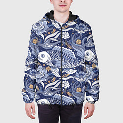 Куртка с капюшоном мужская Рыба карп - синий корейский узор, цвет: 3D-черный — фото 2