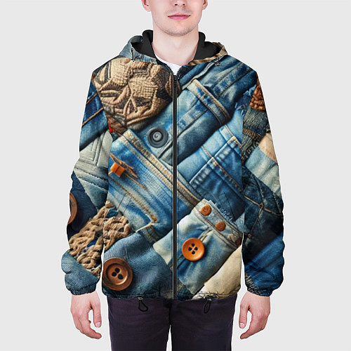 Мужская куртка Джинсовый пэчворк с пуговицами - мода / 3D-Черный – фото 3