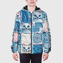 Куртка с капюшоном мужская Кошки на пэчворк джинсах паттерн, цвет: 3D-черный — фото 2