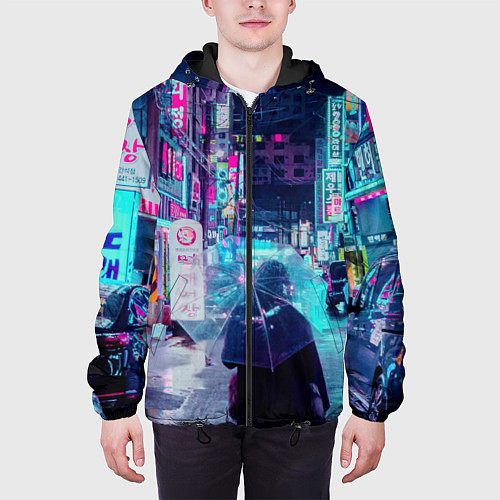 Мужская куртка Дождливый неоновый вечер в Японии / 3D-Черный – фото 3