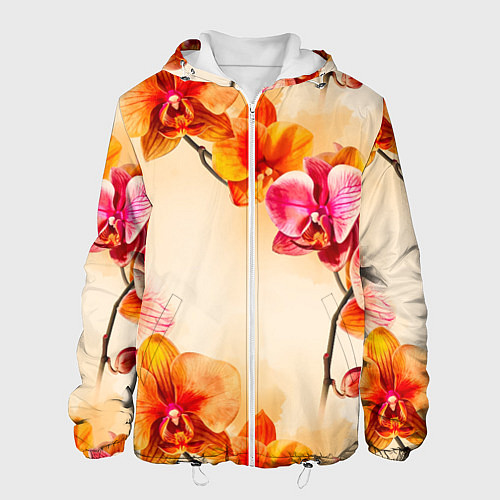 Мужская куртка Оранжевые орхидеи акварельные / 3D-Белый – фото 1