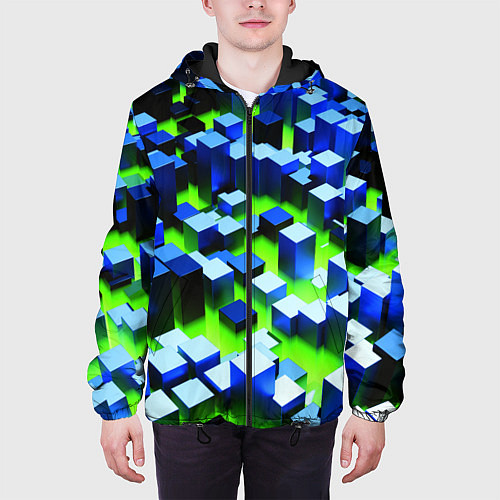 Мужская куртка Синие блоки в зеленом тумане / 3D-Черный – фото 3