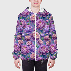 Куртка с капюшоном мужская Крупные пионы садовые дачные цветы паттерн, цвет: 3D-белый — фото 2