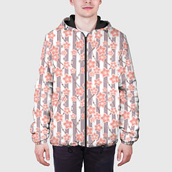 Куртка с капюшоном мужская Коралловые цветы на полосатом фоне, цвет: 3D-черный — фото 2