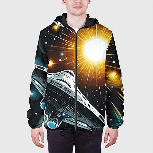 Мужская куртка Космолёт в неоновом космосе - нейросеть / 3D-Черный – фото 3