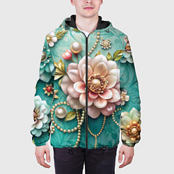 Куртка с капюшоном мужская Объемные цветы и жемчуг, цвет: 3D-черный — фото 2