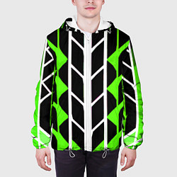Куртка с капюшоном мужская Бело-зелёные линии на чёрном фоне, цвет: 3D-белый — фото 2