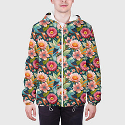 Куртка с капюшоном мужская Тропические птицы в цветах, цвет: 3D-белый — фото 2