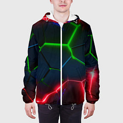 Куртка с капюшоном мужская Зеленые яркие неоновые плиты с красным свечением, цвет: 3D-белый — фото 2