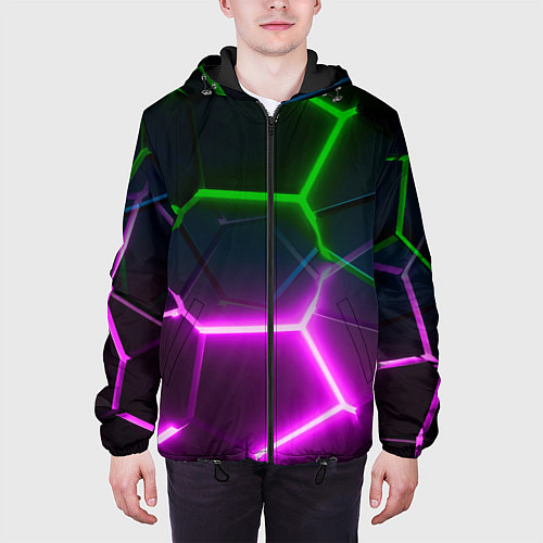 Мужская куртка Фиолетовые и зеленые неоновые плиты в разломе / 3D-Черный – фото 3