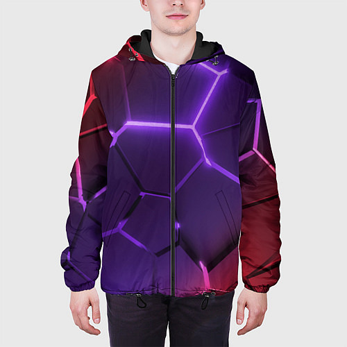 Мужская куртка Красно-фиолетовые неоновые плиты в разломе / 3D-Черный – фото 3