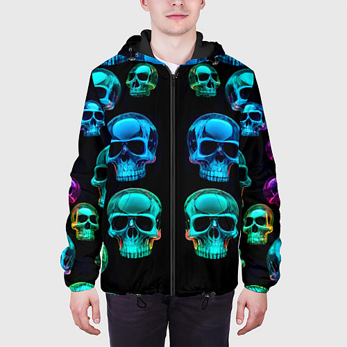 Мужская куртка Neon skulls - ai art pattern / 3D-Черный – фото 3