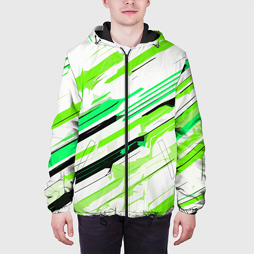 Мужская куртка Чёрно-зелёно-салатовые полосы на белом фоне / 3D-Черный – фото 3