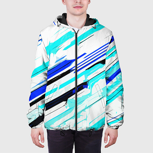 Мужская куртка Чёрно-сине-голубые полосы на белом фоне / 3D-Черный – фото 3