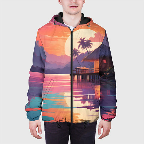 Мужская куртка Летний домик пальмы закат / 3D-Черный – фото 3