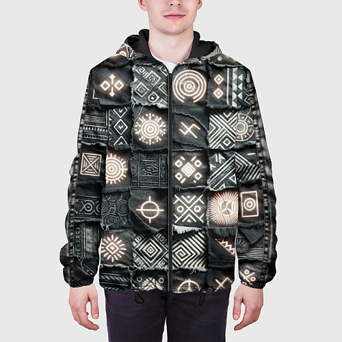 Мужская куртка Африканские знаки на пэчворк дениме / 3D-Черный – фото 3