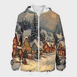 Куртка с капюшоном мужская Новогодние зимние домики, цвет: 3D-белый