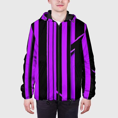 Мужская куртка Толстые фиолетовые полосы на чёрном фоне / 3D-Черный – фото 3