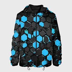 Куртка с капюшоном мужская Сине-серые шестиугольники на чёрном фоне, цвет: 3D-черный