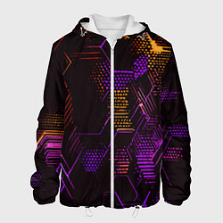 Куртка с капюшоном мужская Жёлто-фиолетовые точки и линии на чёрном фоне, цвет: 3D-белый