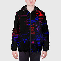 Куртка с капюшоном мужская Красно-синие точки и линии на чёрном фоне, цвет: 3D-черный — фото 2