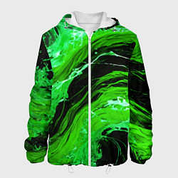 Куртка с капюшоном мужская Зелёные брызги на чёрном фоне, цвет: 3D-белый