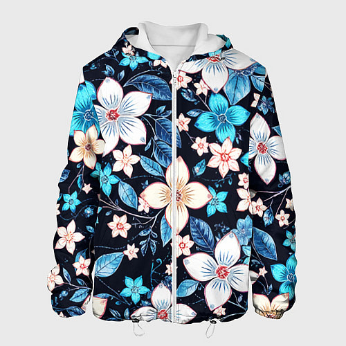 Мужская куртка Сине-белые цветы на чёрном фоне / 3D-Белый – фото 1