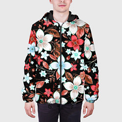 Куртка с капюшоном мужская Красно-белые цветы на чёрном фоне, цвет: 3D-черный — фото 2