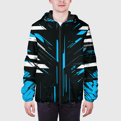 Мужская куртка Сине-белые полосы и точки на чёрном фоне / 3D-Черный – фото 3