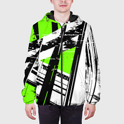 Куртка с капюшоном мужская Чёрно-белые абстрактные линии на зелёном фоне, цвет: 3D-черный — фото 2